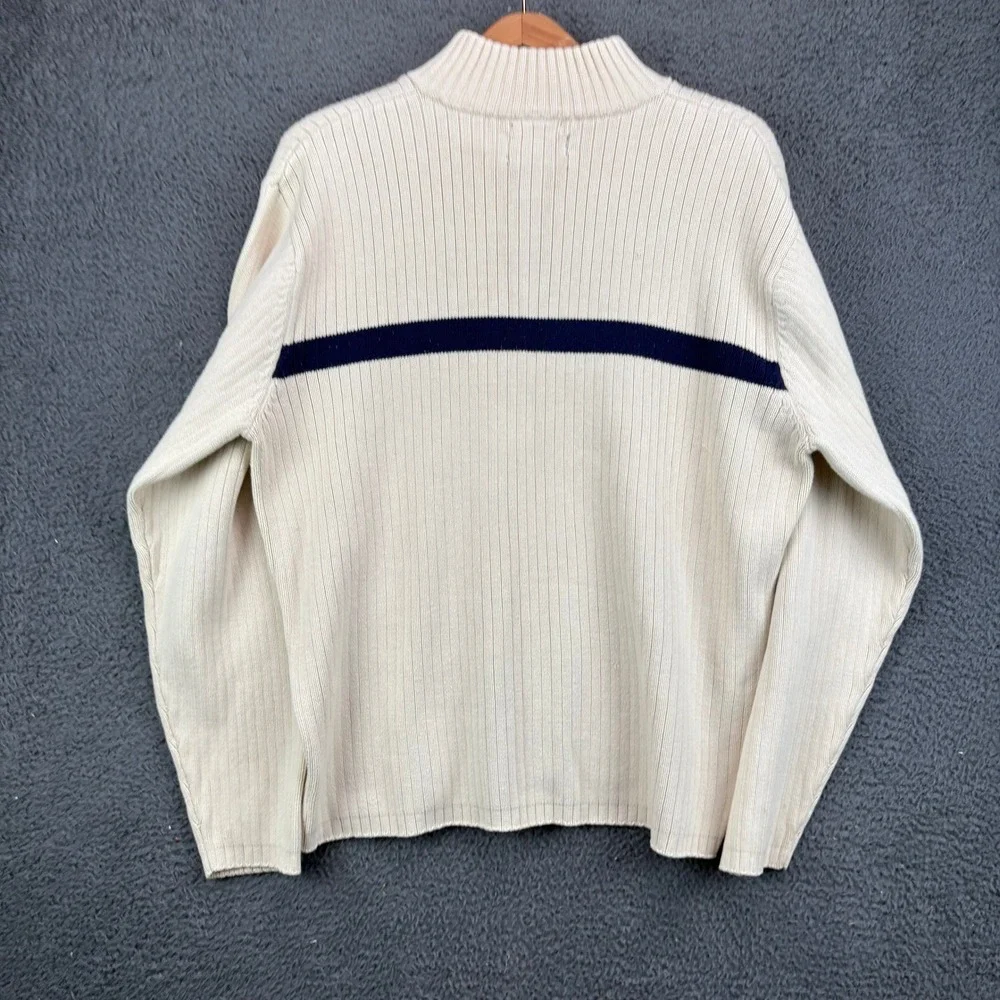 American Eagle Mens XL Quarter Zip Sweater‎ Cream Navy Stripe Ribbed Cotton 9861